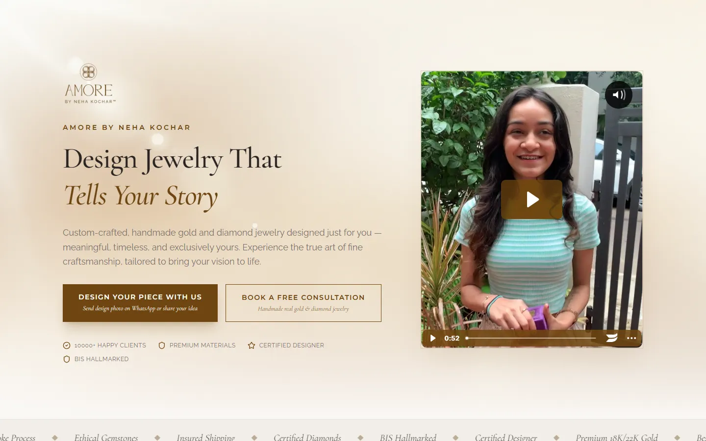 Custom jewellery design: “Design jewelry that tells your story” landing page on desktop
