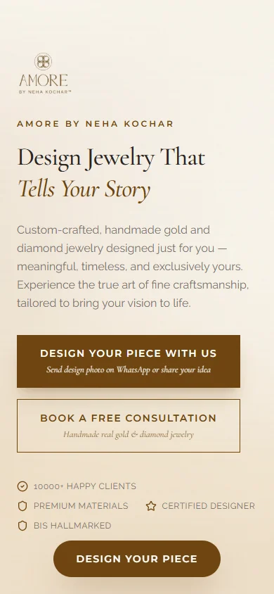 Custom jewellery design: “Design jewelry that tells your story” landing page on a phone