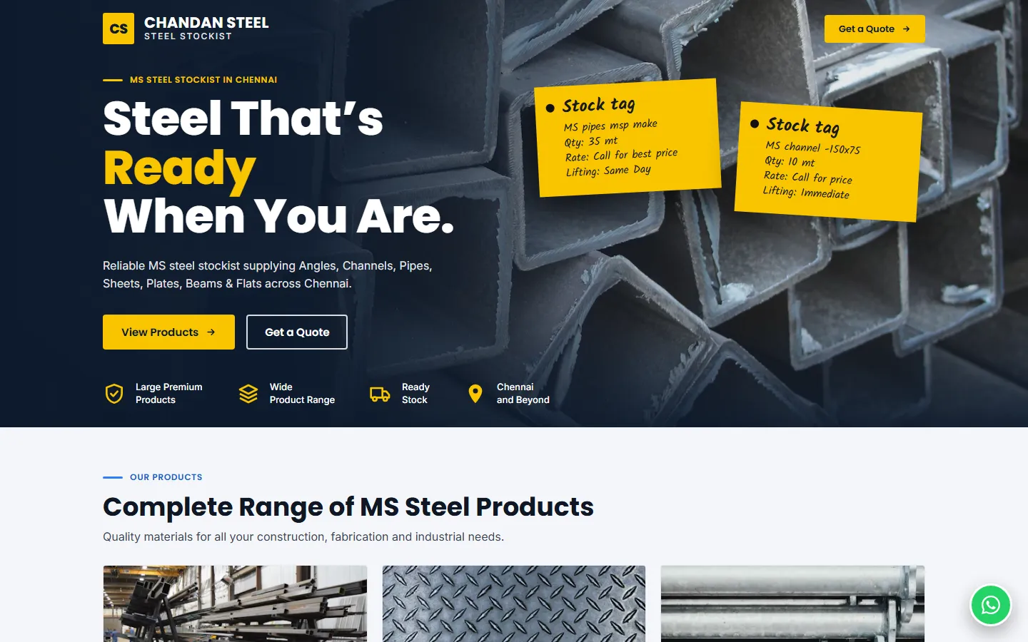 Chandan Steel home page on desktop